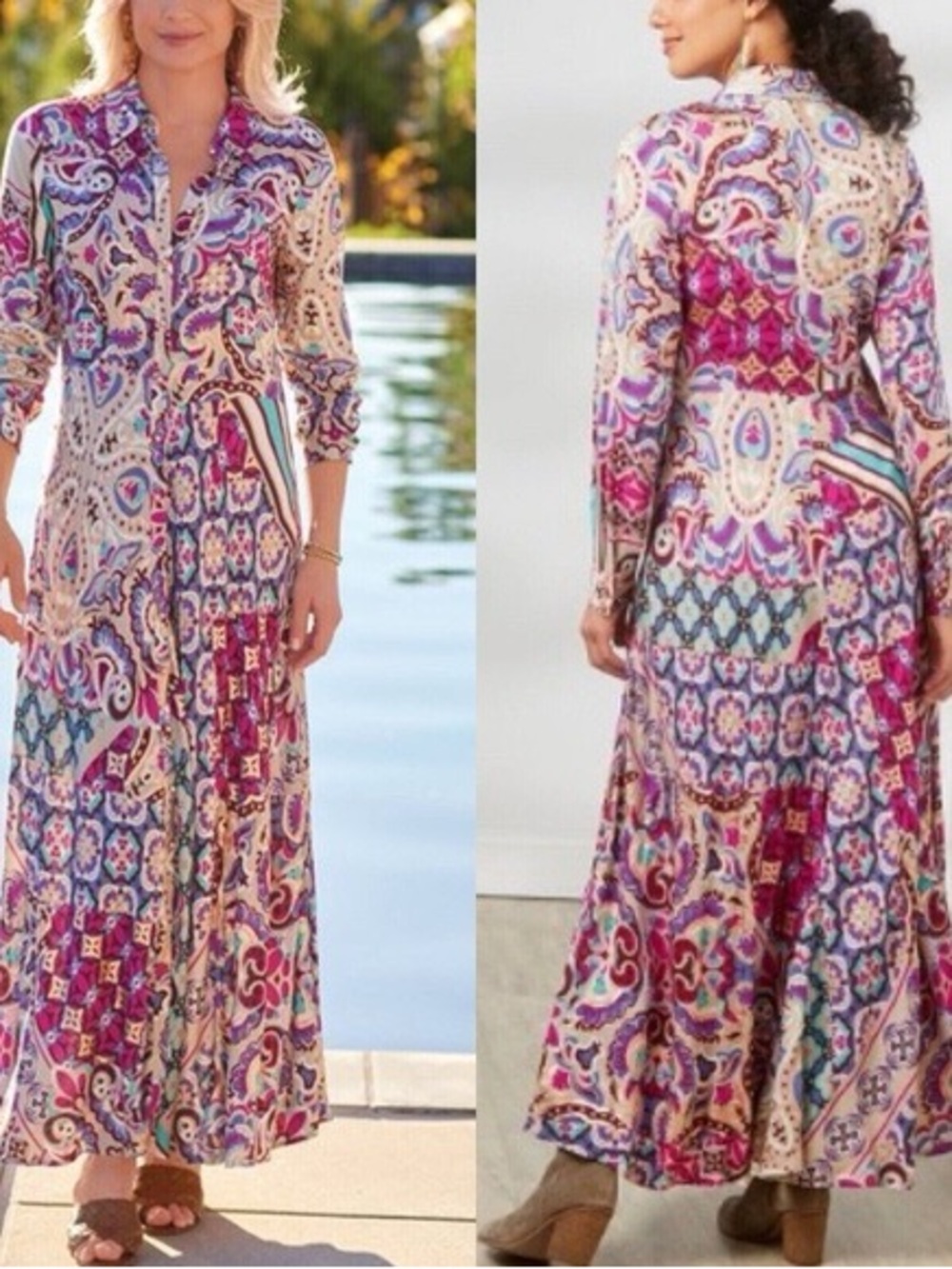 Soft Surroundings Multicolor Paisley Maxi Shirt Dress in Pink and Blue